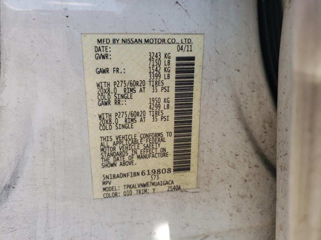 Photo 10 from auction – 2011 NISSAN ARMADA PLA with VIN 5N1BA0NF1BN619808