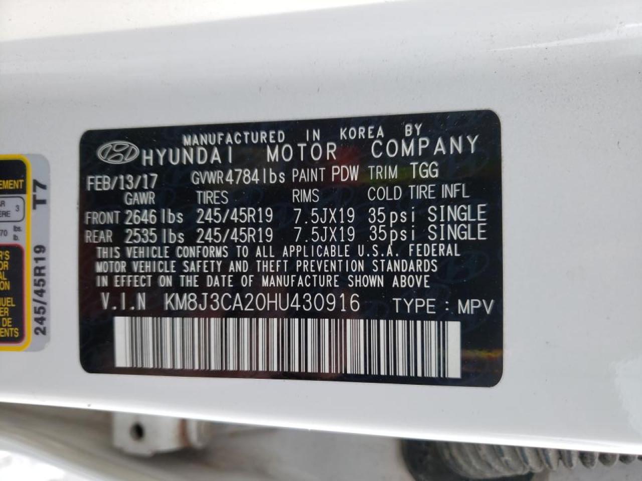 Photo 10 from auction – 2017 HYUNDAI TUCSON LIM with VIN KM8J3CA20HU430916