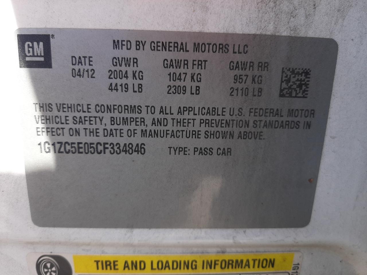Photo 10 from auction – 2012 CHEVROLET MALIBU 1LT with VIN 1G1ZC5E05CF334846