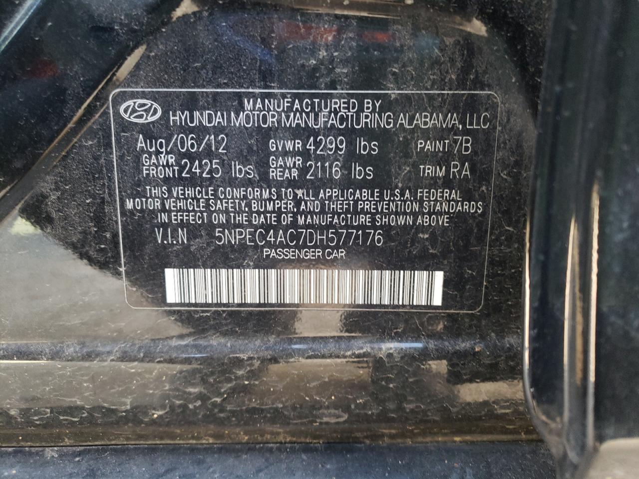 Photo 10 from auction – 2013 HYUNDAI SONATA SE with VIN 5NPEC4AC7DH577176