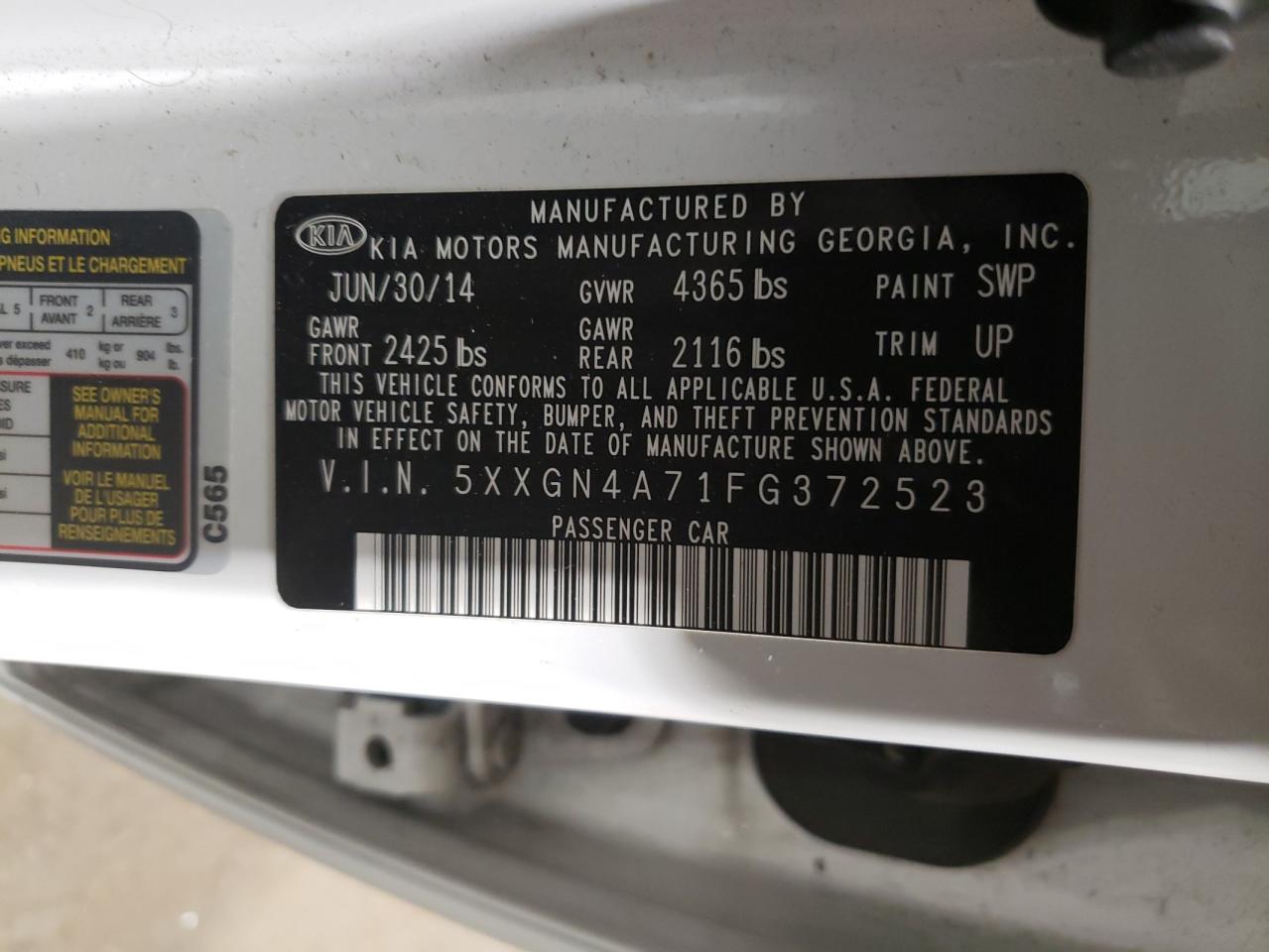 Photo 10 from auction – 2015 KIA OPTIMA EX with VIN 5XXGN4A71FG372523