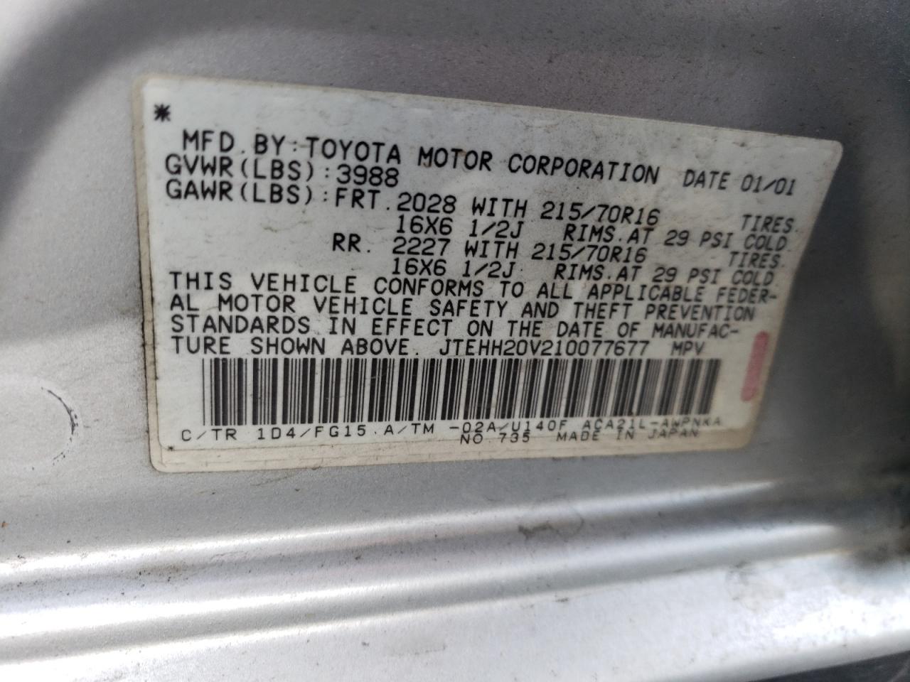Photo 10 from auction – 2001 TOYOTA RAV4 with VIN JTEHH20V210077677