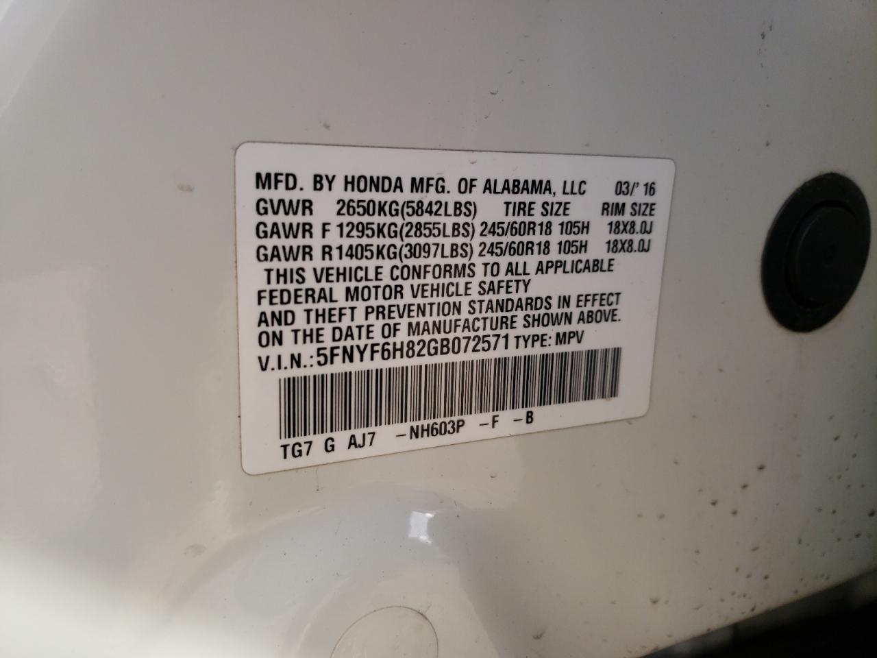Photo 10 from auction – 2016 HONDA PILOT EXL with VIN 5FNYF6H82GB072571