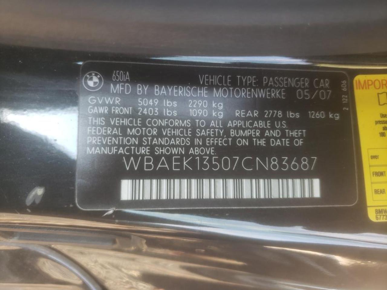 Photo 10 from auction – 2007 BMW 650 I with VIN WBAEK13507CN83687