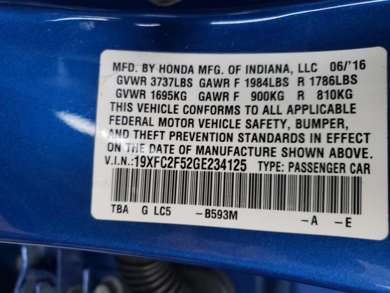 Photo 10 from auction – 2016 HONDA CIVIC LX with VIN 19XFC2F52GE234125