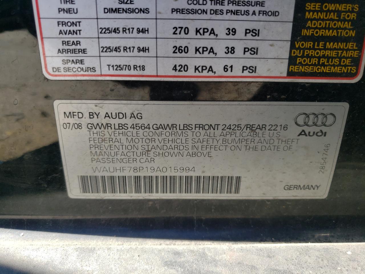 Photo 10 from auction – 2009 AUDI A3 2.0T with VIN WAUHF78P19A015994