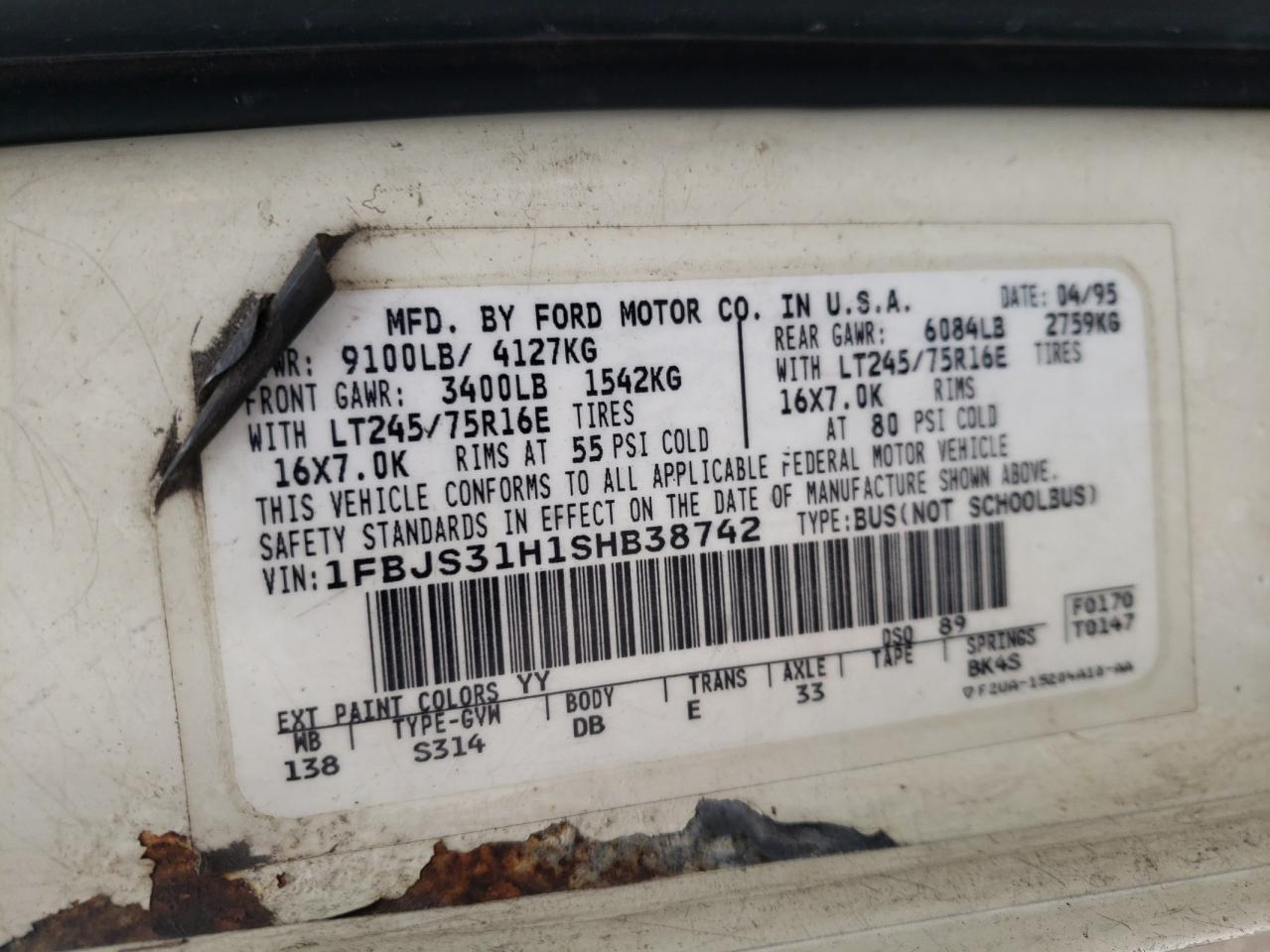 Photo 10 from auction – 1995 FORD ECONOLINE with VIN 1FBJS31H1SHB38742
