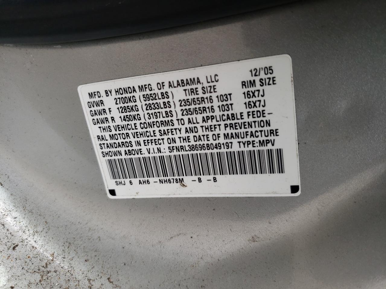 Photo 10 from auction – 2006 HONDA ODYSSEY EX with VIN 5FNRL38696B049197