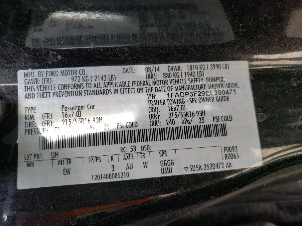 Photo 10 from auction – 2014 FORD FOCUS SE with VIN 1FADP3F29EL390471