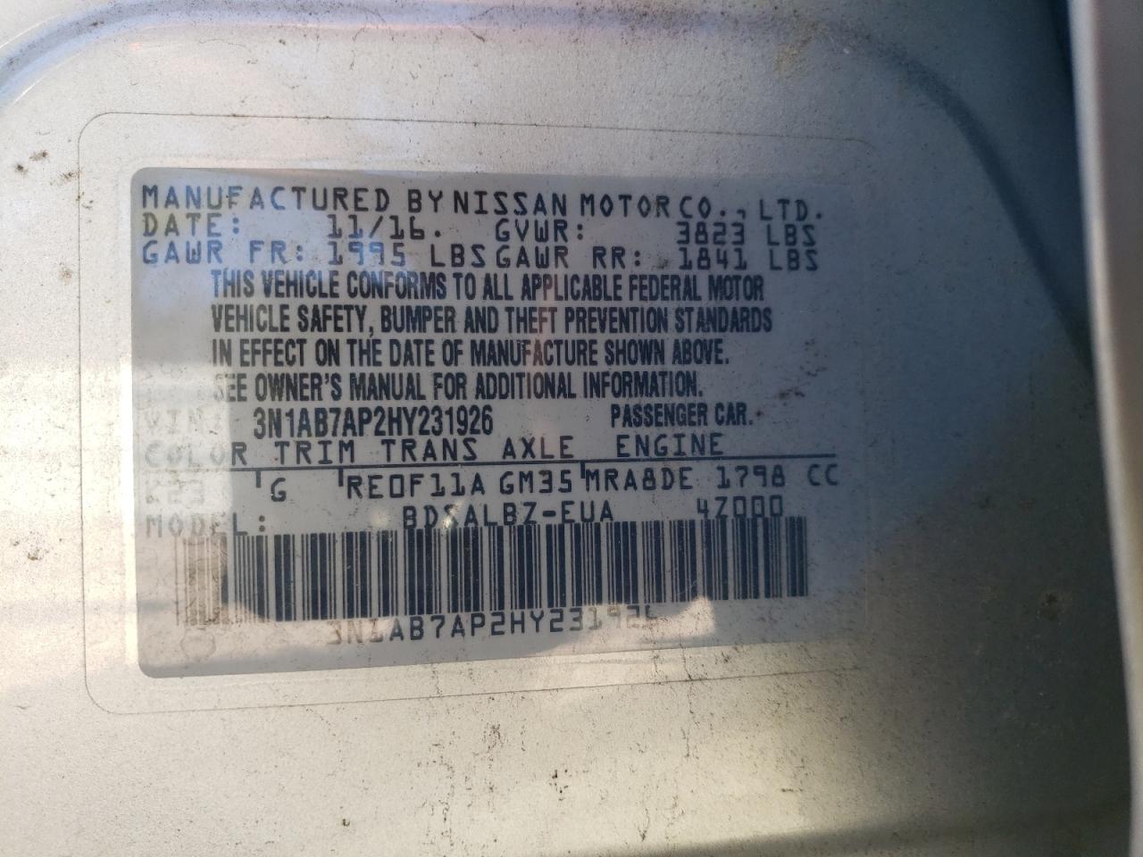 Photo 10 from auction – 2017 NISSAN SENTRA S with VIN 3N1AB7AP2HY231926