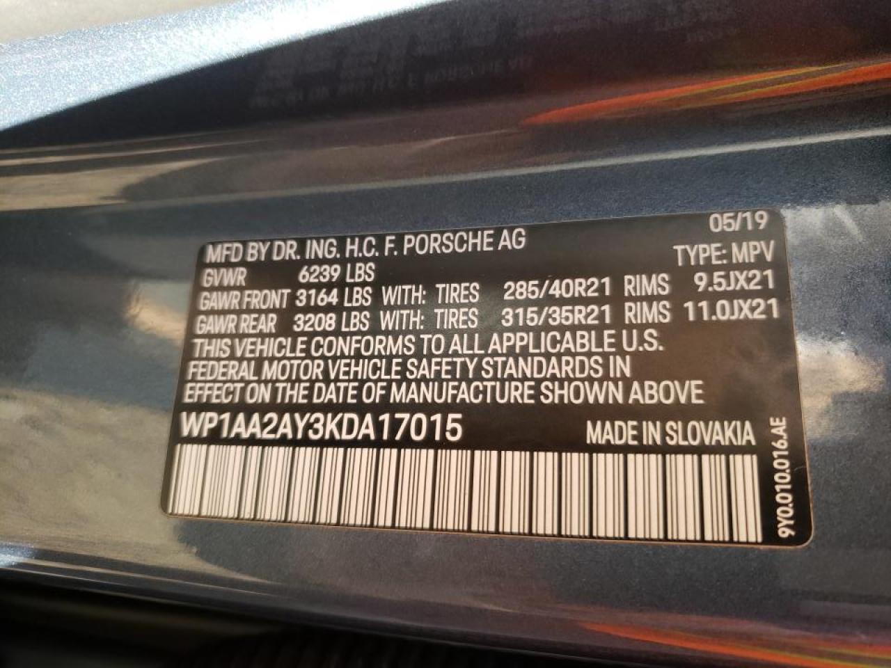 Photo 10 from auction – 2019 PORSCHE CAYENNE with VIN WP1AA2AY3KDA17015