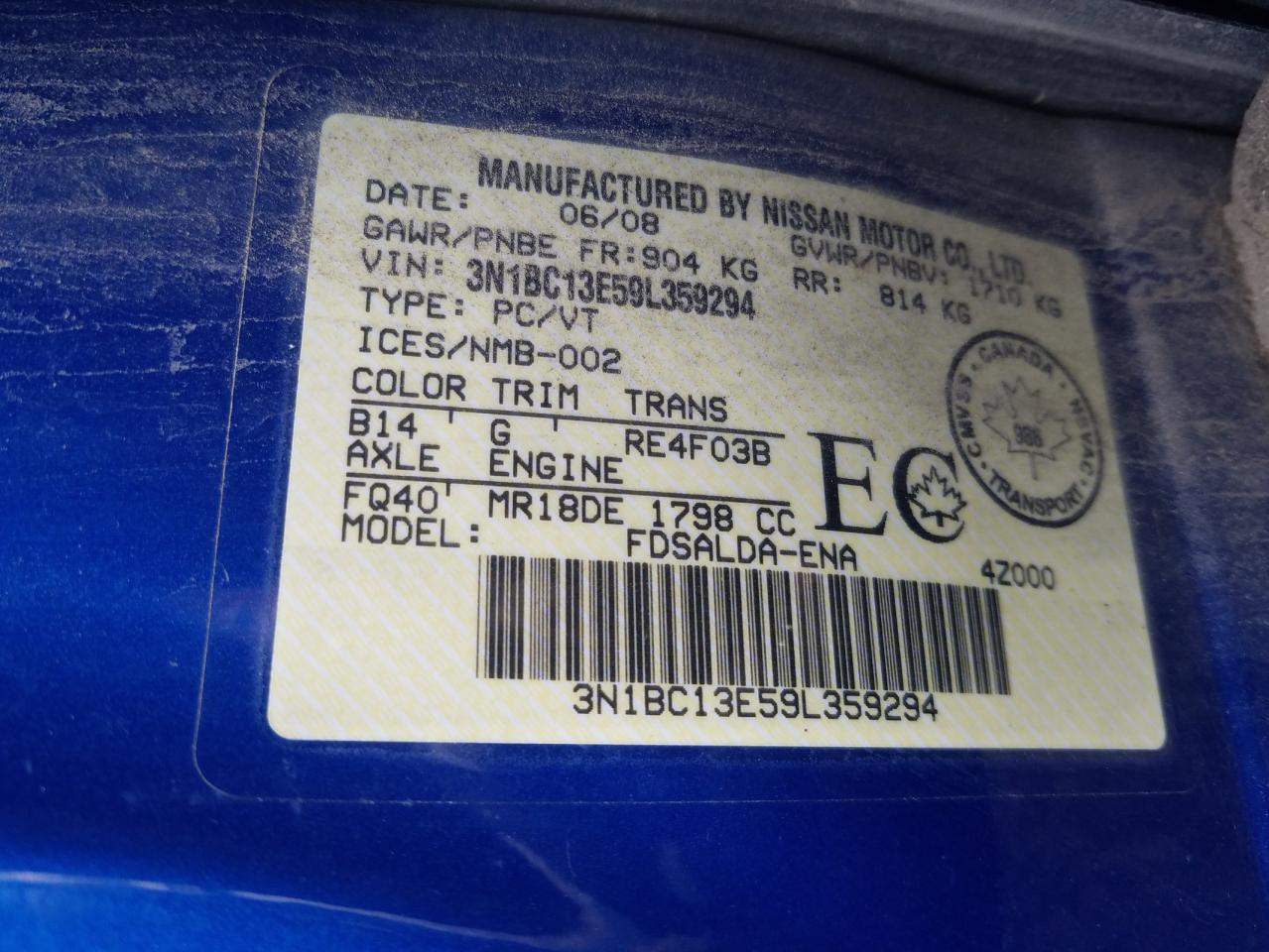 Photo 10 from auction – 2009 NISSAN VERSA S with VIN 3N1BC13E59L359294