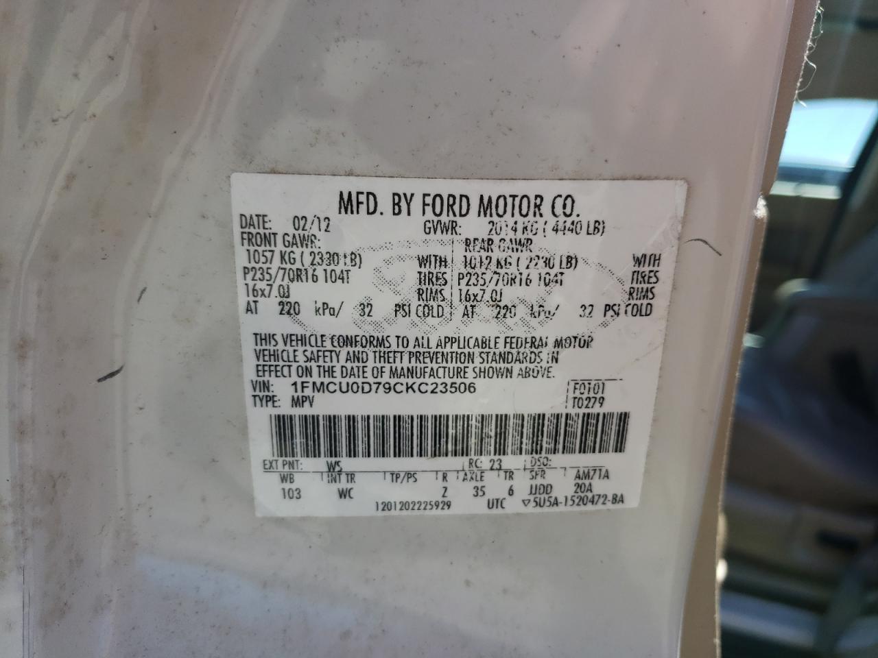 Photo 10 from auction – 2012 FORD ESCAPE XLT with VIN 1FMCU0D79CKC23506