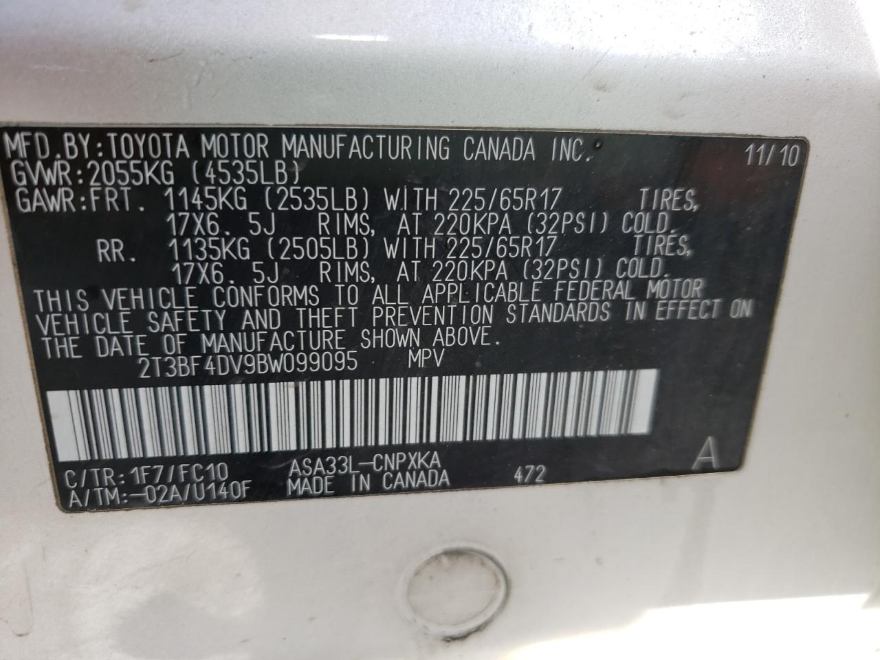 Photo 10 from auction – 2011 TOYOTA RAV4 with VIN 2T3BF4DV9BW099095