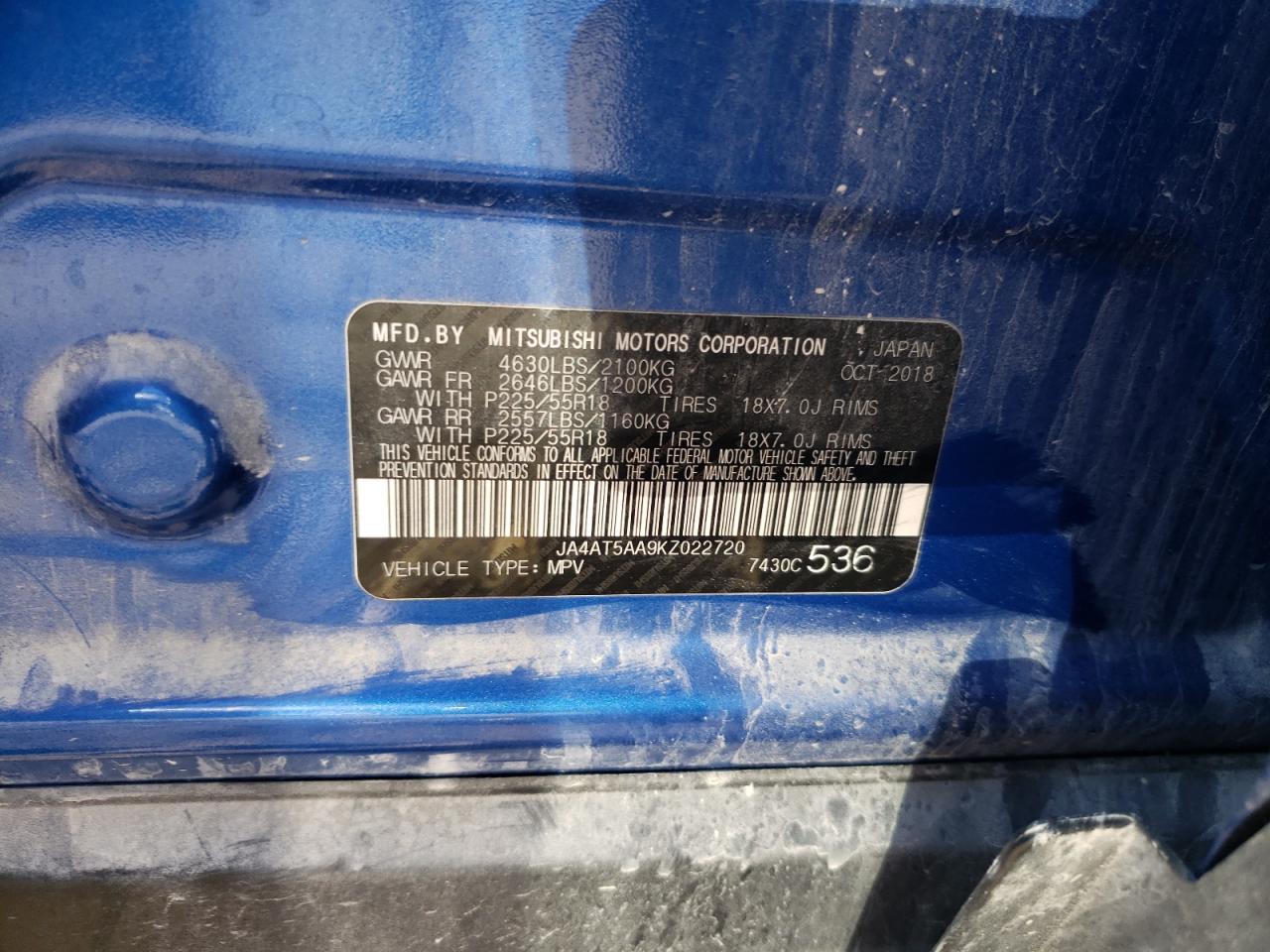 Photo 10 from auction – 2019 MITSUBISHI ECLIPSE CR with VIN JA4AT5AA9KZ022720