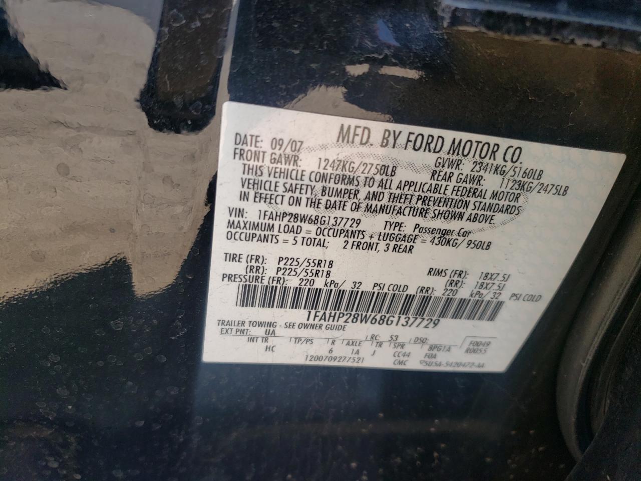 Photo 10 from auction – 2008 FORD TAURUS LIM with VIN 1FAHP28W68G137729