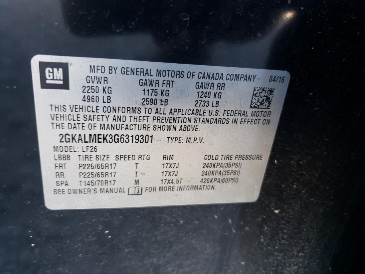 Photo 10 from auction – 2016 GMC TERRAIN SL with VIN 2GKALMEK3G6319301