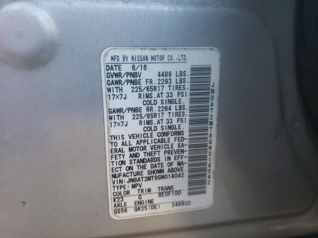 Photo 10 from auction – 2016 NISSAN ROGUE S with VIN JN8AT2MT8GW014042