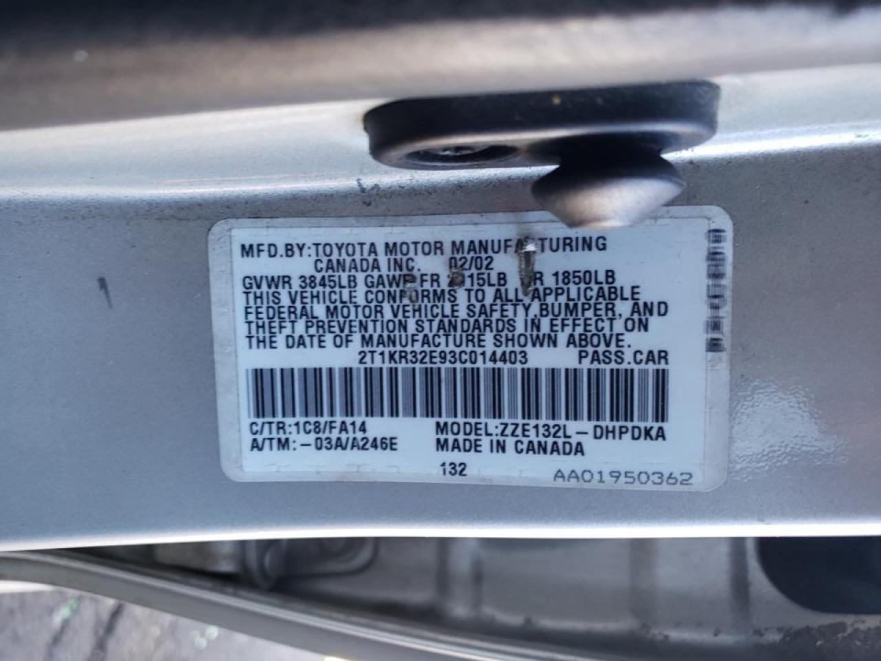 Photo 10 from auction – 2003 TOYOTA COROLLA MA with VIN 2T1KR32E93C014403
