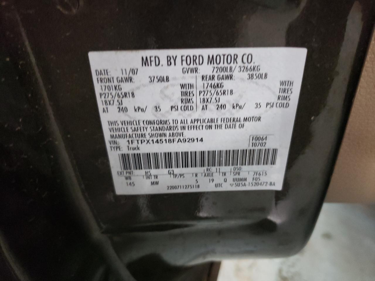 Foto 10 de la subasta – 2008 FORD F150 con VIN 1FTPX14518FA92914