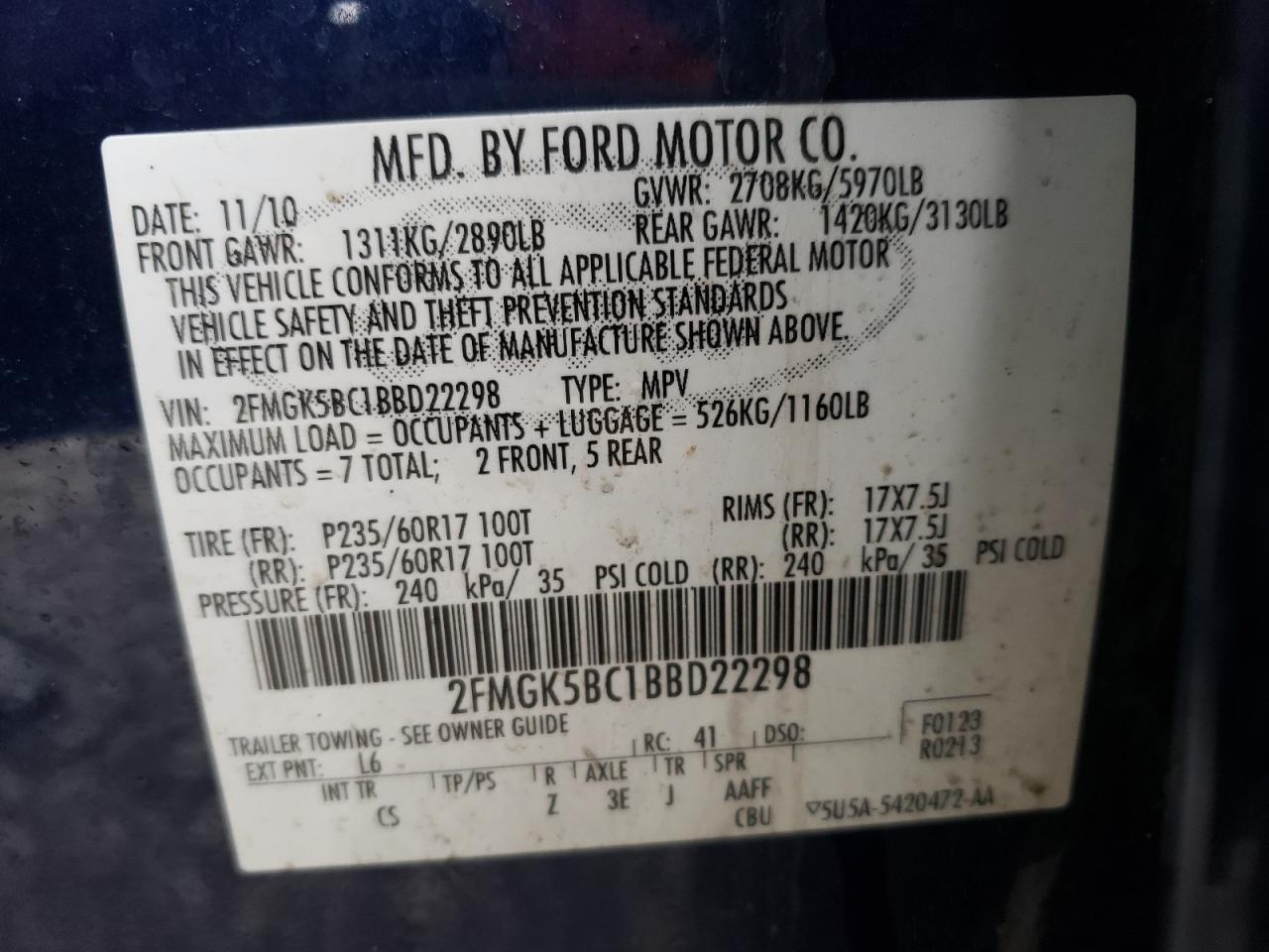 Photo 10 from auction – 2011 FORD FLEX SE with VIN 2FMGK5BC1BBD22298