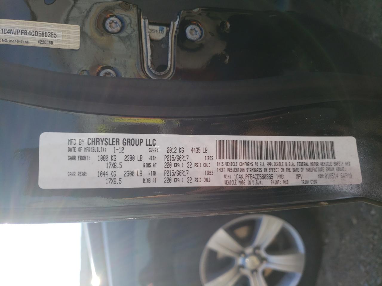 Photo 10 from auction – 2012 JEEP PATRIOT LA with VIN 1C4NJPFB4CD580385