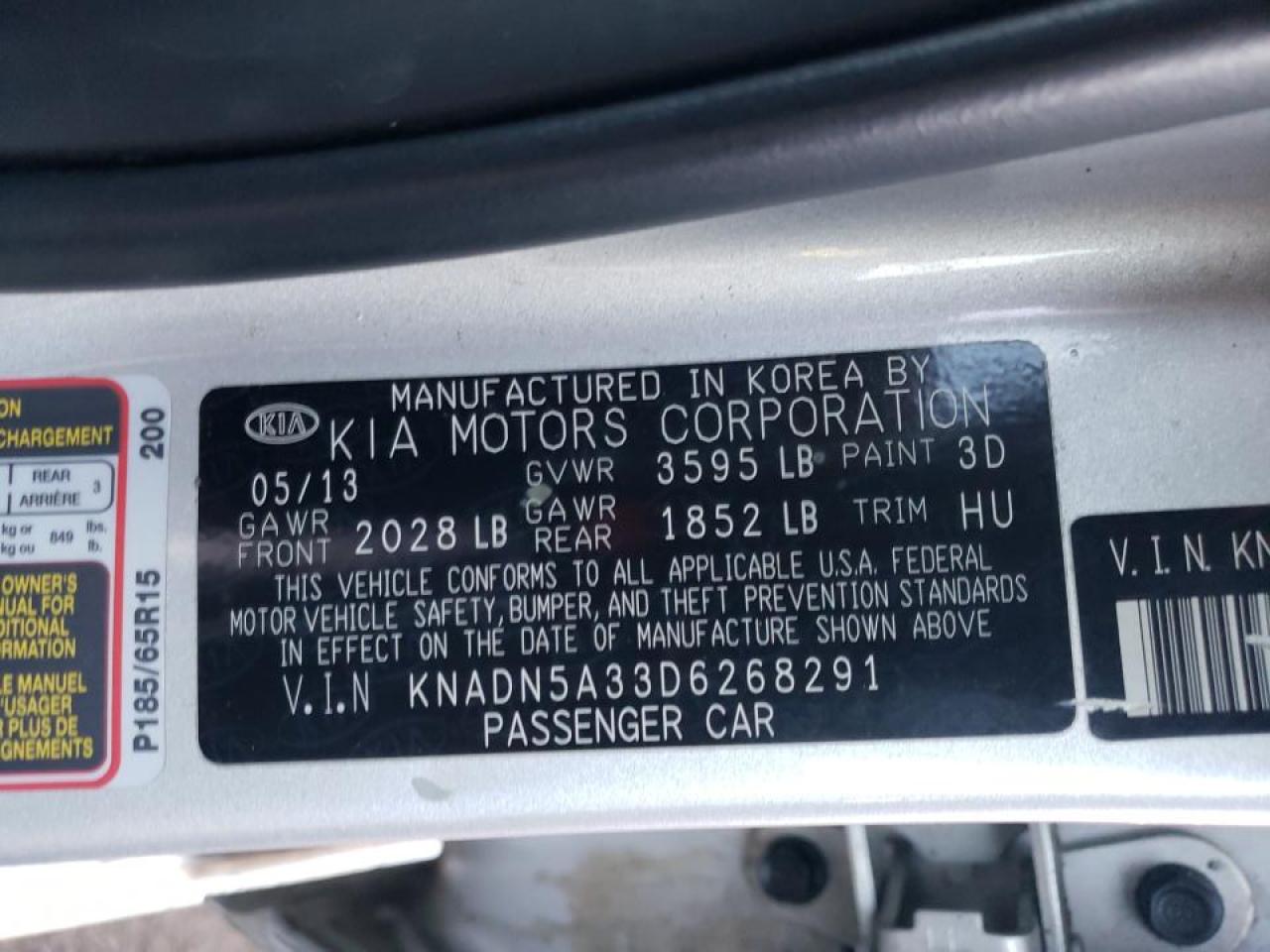 Photo 10 from auction – 2013 KIA RIO EX with VIN KNADN5A33D6268291