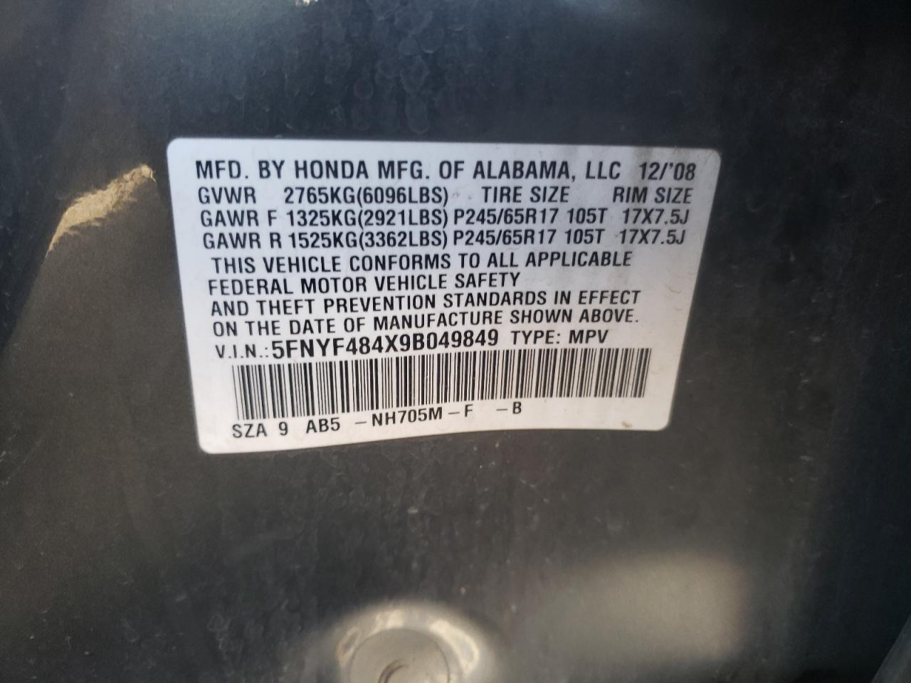 Photo 10 from auction – 2009 HONDA PILOT EX with VIN 5FNYF484X9B049849