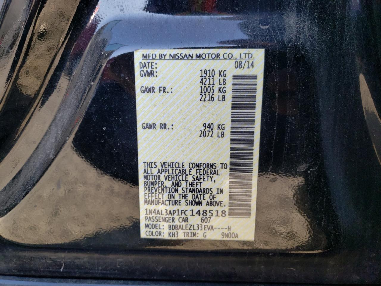 Photo 10 from auction – 2015 NISSAN ALTIMA with VIN 1N4AL3AP1FC148518