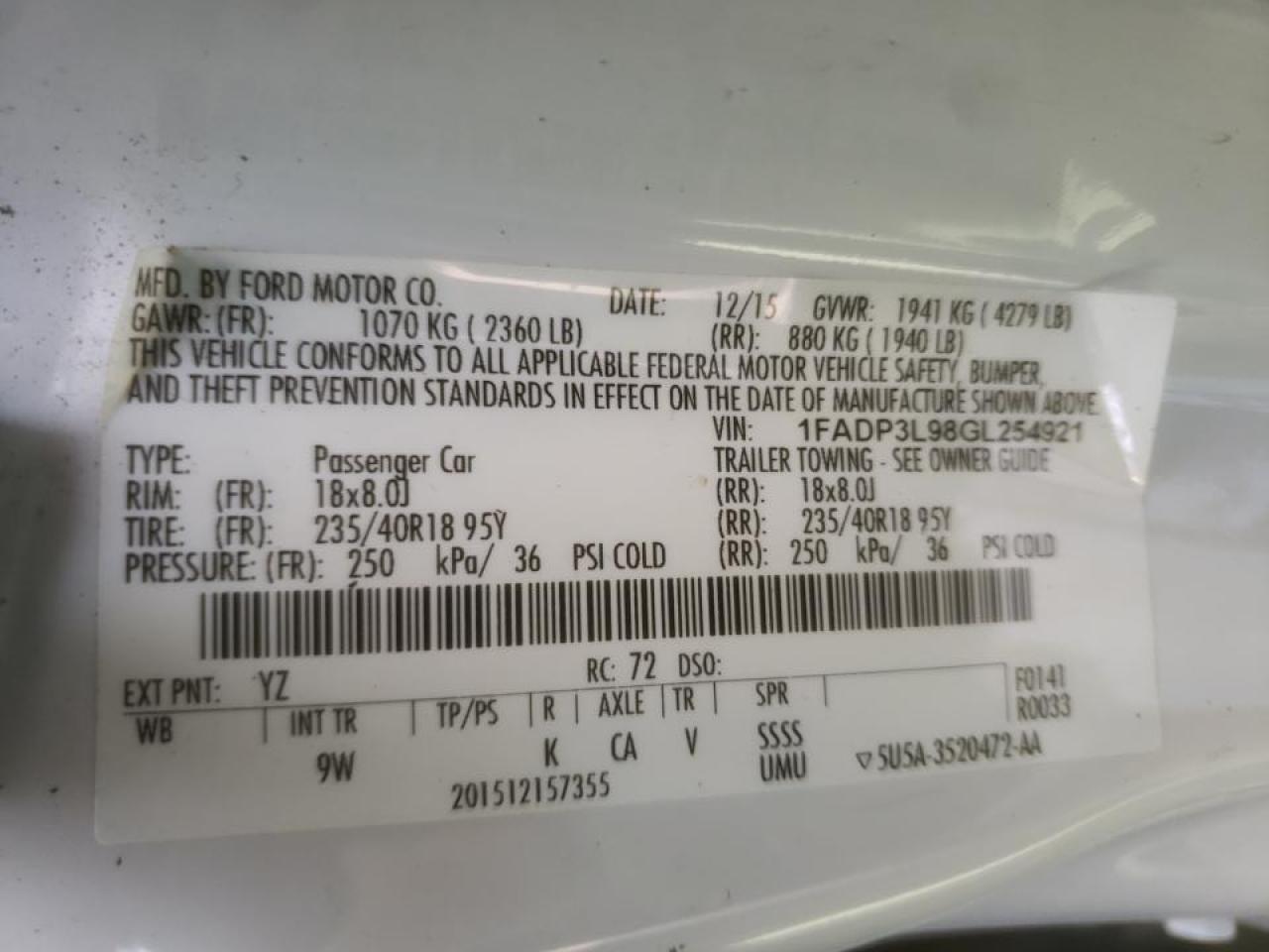 Photo 10 from auction – 2016 FORD FOCUS ST with VIN 1FADP3L98GL254921