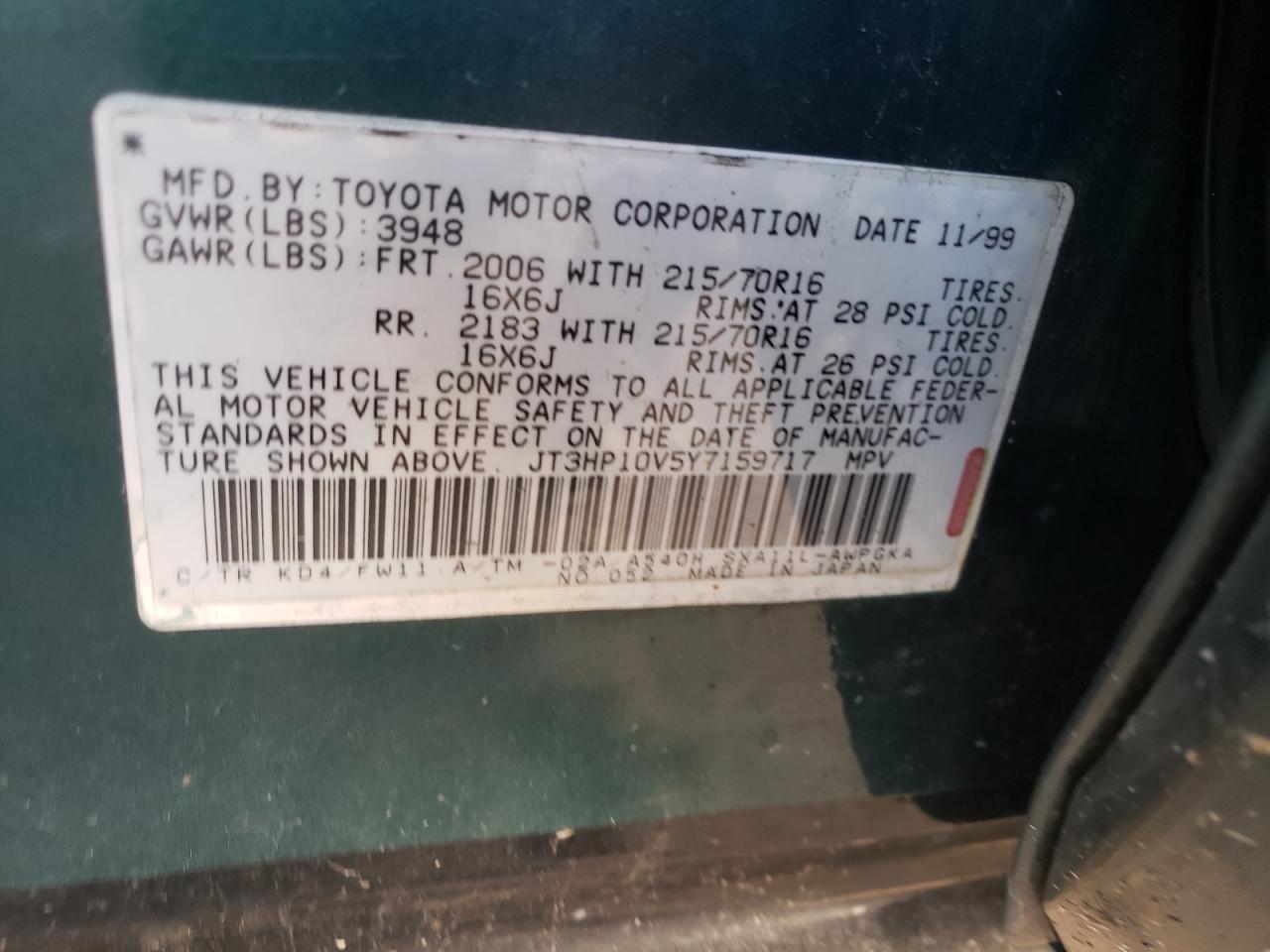 Photo 10 from auction – 2000 TOYOTA RAV4 with VIN JT3HP10V5Y7159717