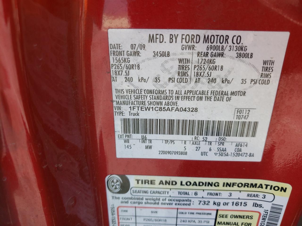 Photo 10 from auction – 2010 FORD F150 SUPER with VIN 1FTEW1C85AFA04328