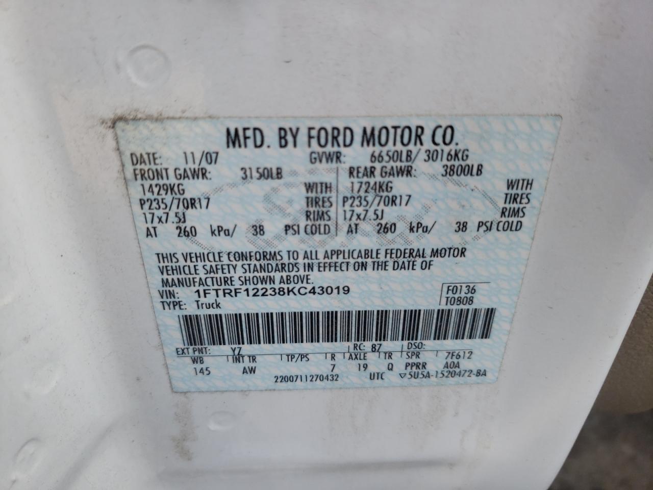Photo 10 from auction – 2008 FORD F150 with VIN 1FTRF12238KC43019