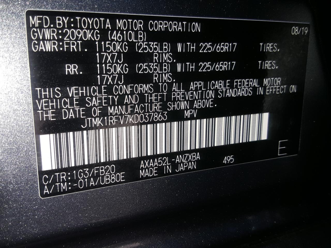 Photo 10 from auction – 2019 TOYOTA RAV4 LE with VIN JTMK1RFV7KD037863
