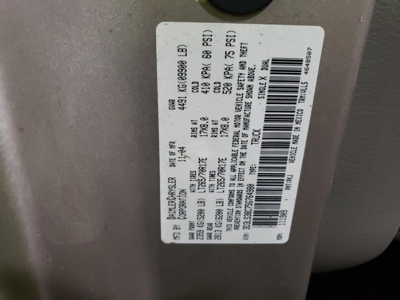 Photo 10 from auction – 2005 DODGE RAM 3500 S with VIN 3D3LS38C75G764980