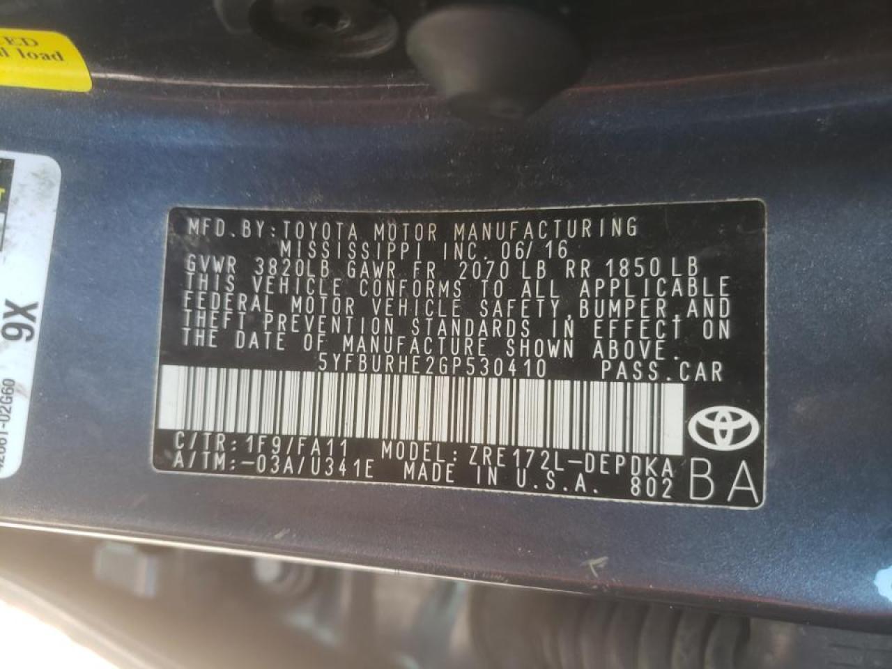 Zdjęcie 10 z aukcji – 2016 TOYOTA COROLLA L z VIN 5YFBURHE2GP530410