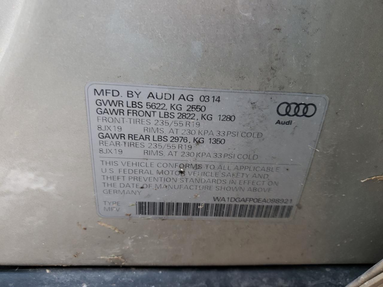 Photo 10 from auction – 2014 AUDI Q5 PREMIUM with VIN WA1DGAFP0EA098921