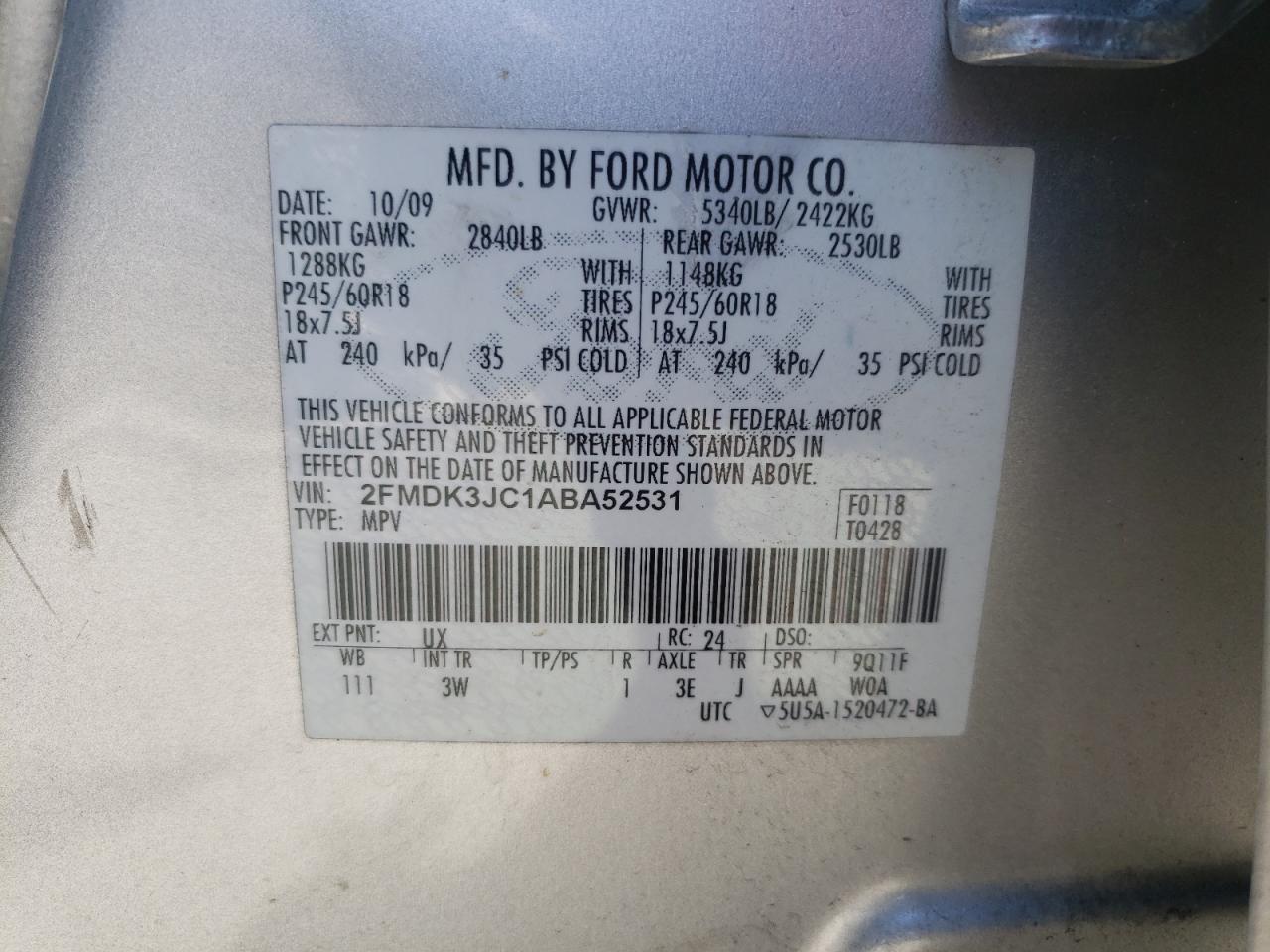 Photo 10 from auction – 2010 FORD EDGE SEL with VIN 2FMDK3JC1ABA52531