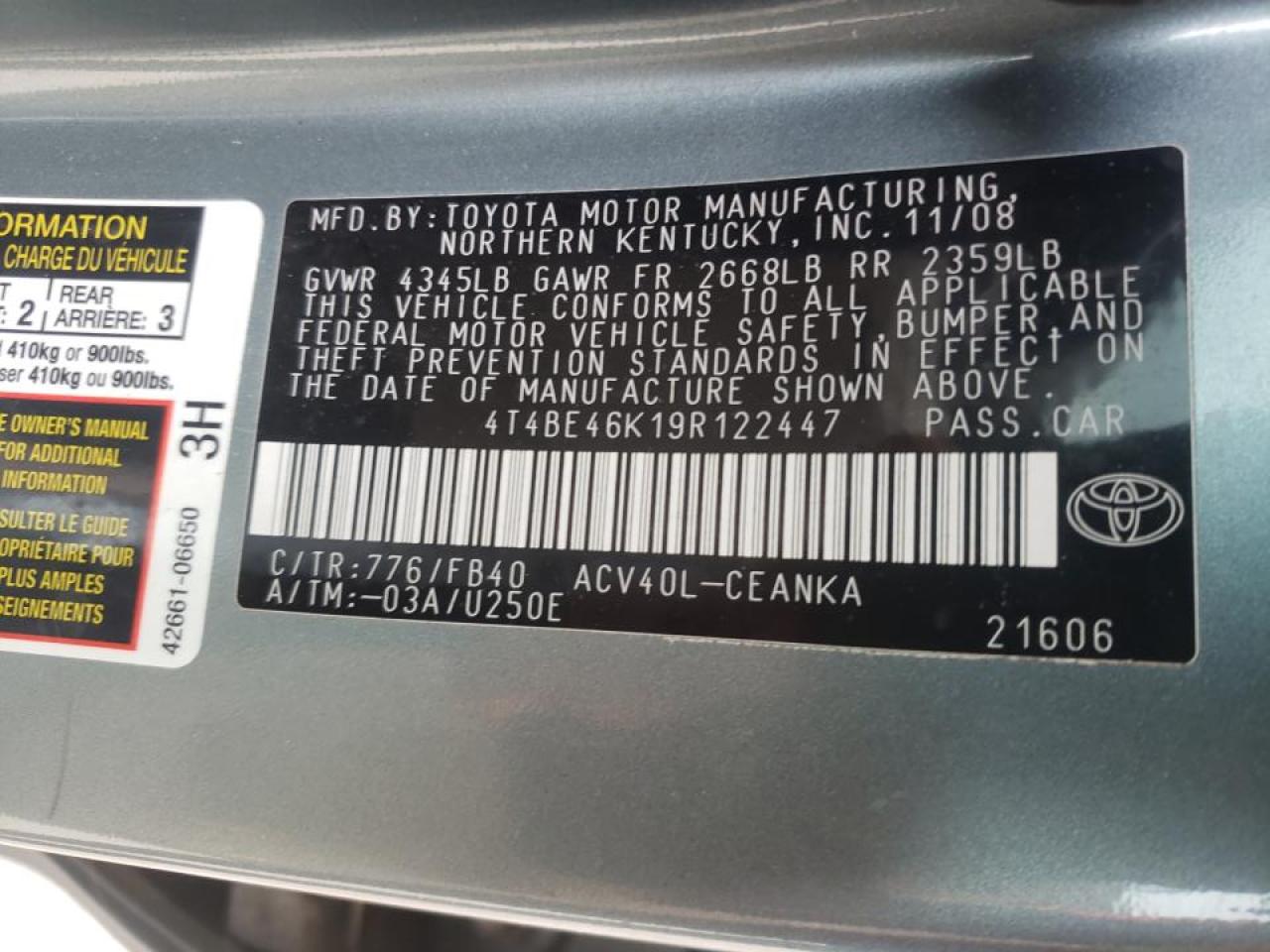 Photo 10 from auction – 2009 TOYOTA CAMRY BASE with VIN 4T4BE46K19R122447