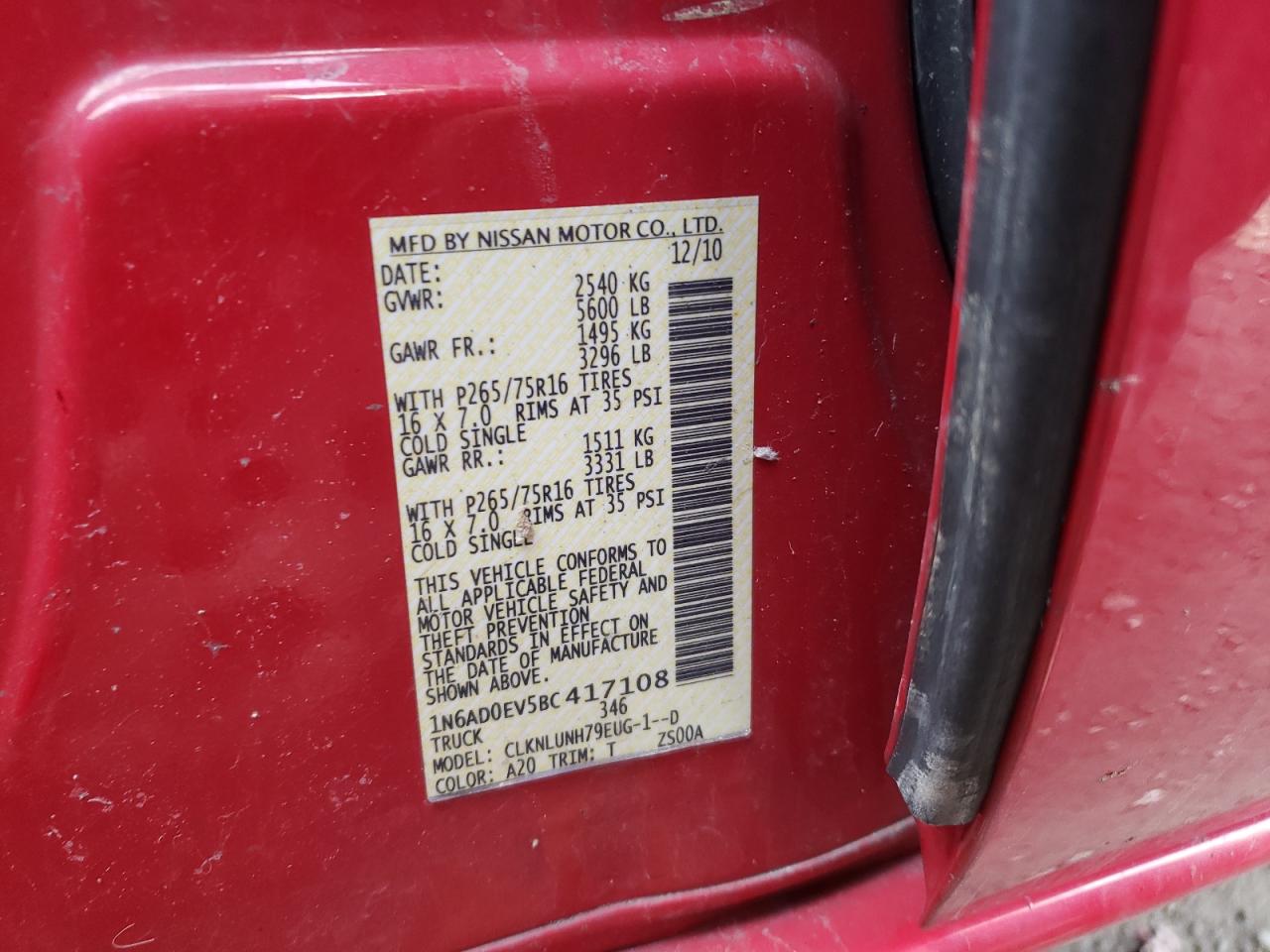 Photo 10 from auction – 2011 NISSAN FRONTIER S with VIN 1N6AD0EV5BC417108