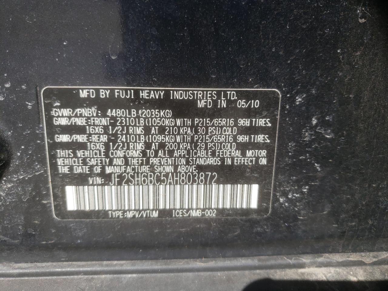 Photo 10 from auction – 2010 SUBARU FORESTER X with VIN JF2SH6BC5AH803872