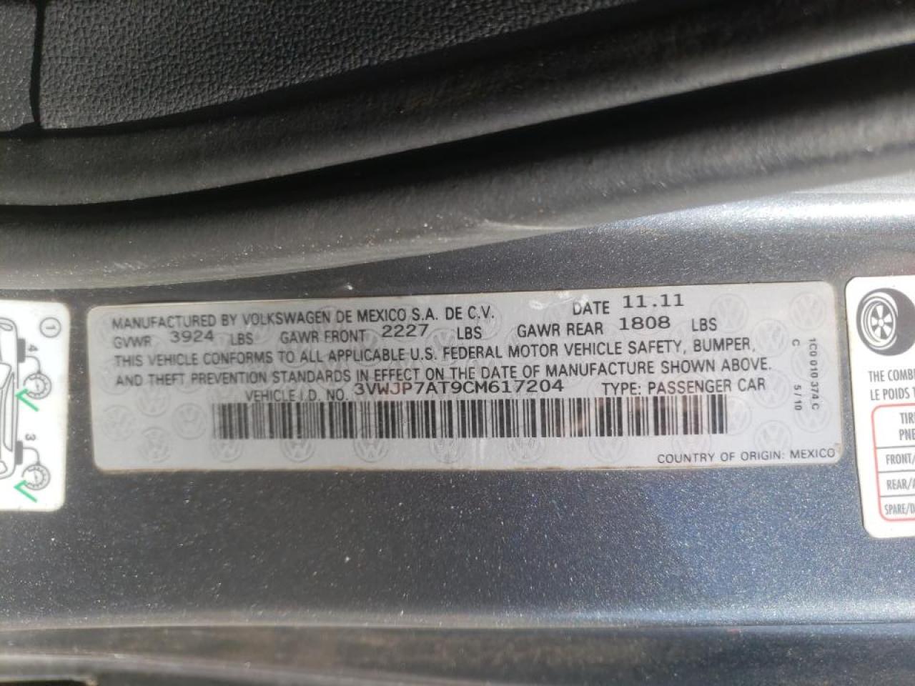 Photo 10 from auction – 2012 VOLKSWAGEN BEETLE with VIN 3VWJP7AT9CM617204