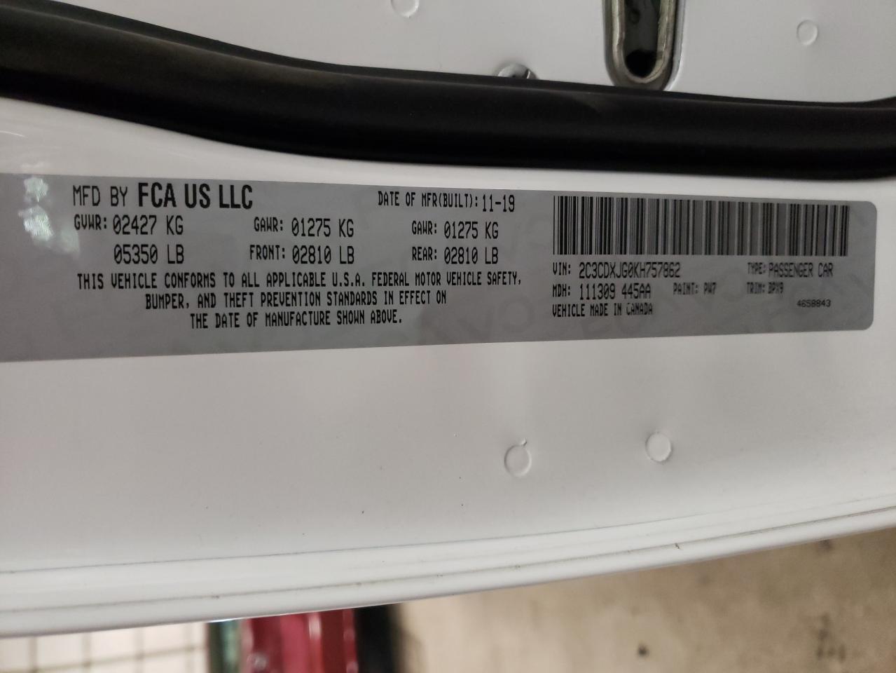 Photo 10 from auction – 2019 DODGE CHARGER SX with VIN 2C3CDXJG0KH757862