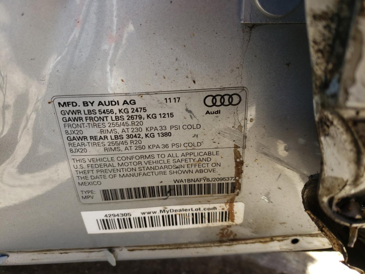 Photo 10 from auction – 2018 AUDI Q5 PREMIUM with VIN WA1BNAFY8J2095372