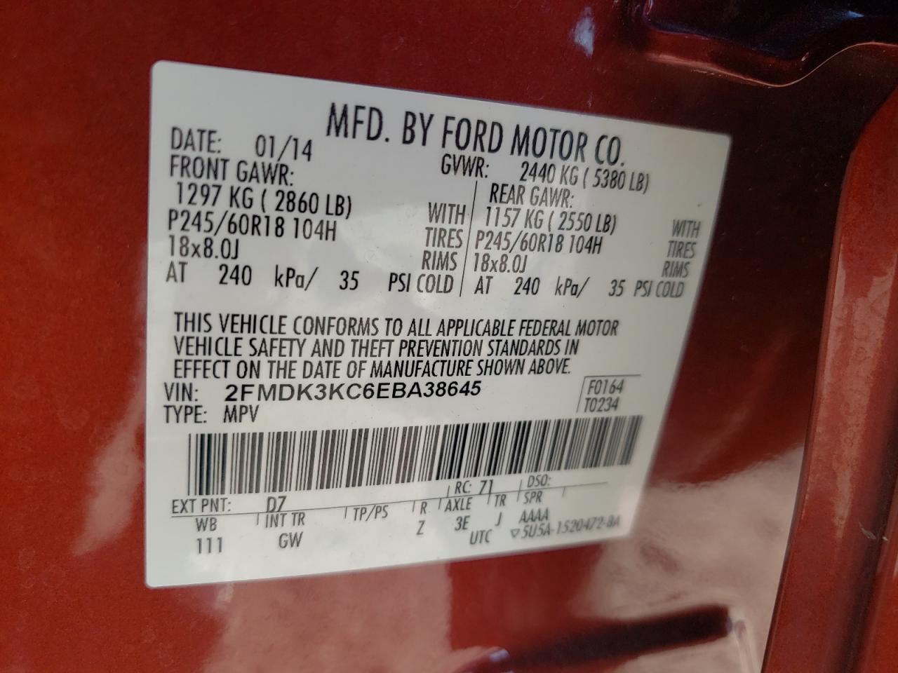 Photo 10 from auction – 2014 FORD EDGE LIMIT with VIN 2FMDK3KC6EBA38645