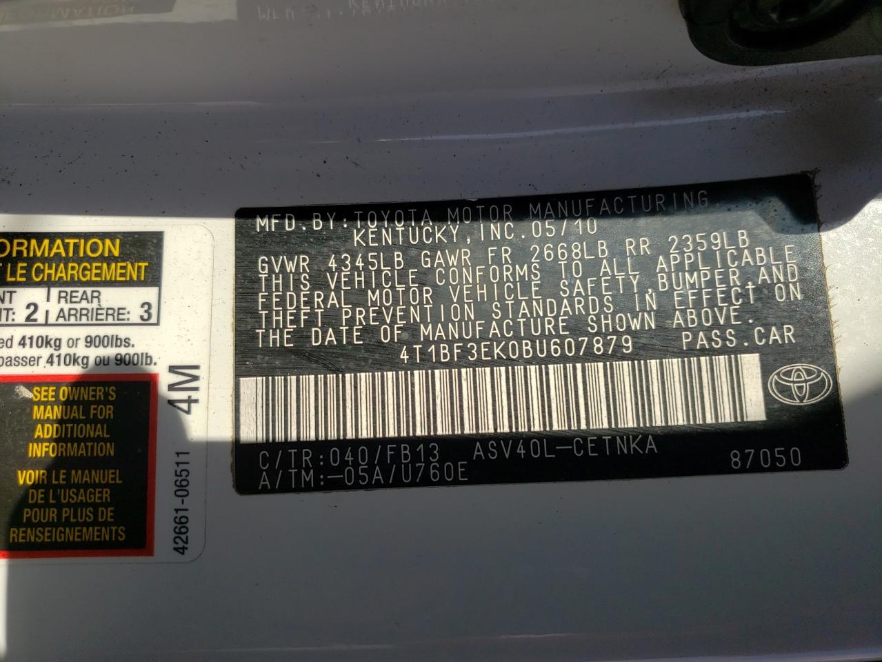 Photo 10 from auction – 2011 TOYOTA CAMRY BASE with VIN 4T1BF3EK0BU607879