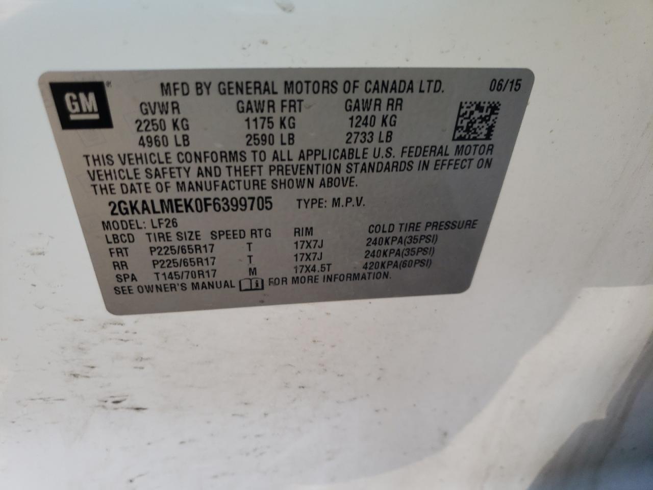 Photo 10 from auction – 2015 GMC TERRAIN SL with VIN 2GKALMEK0F6399705
