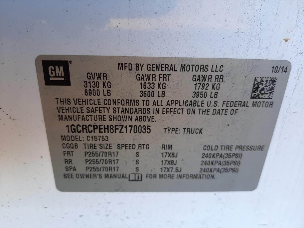 Photo 10 from auction – 2015 CHEVROLET SILVERADO with VIN 1GCRCPEH8FZ170035