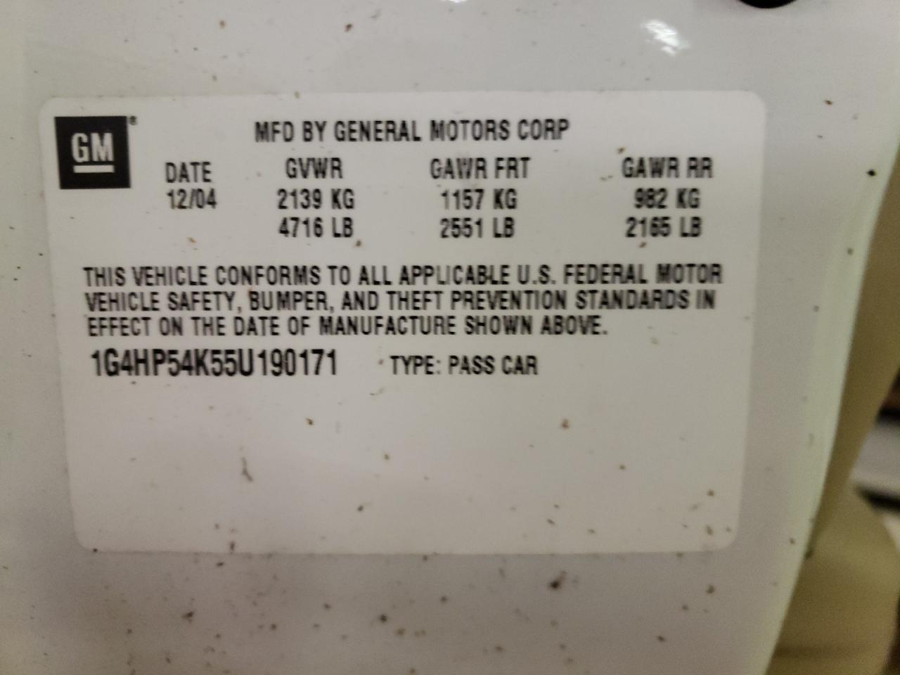 Photo 10 from auction – 2005 BUICK LESABRE with VIN 1G4HP54K55U190171