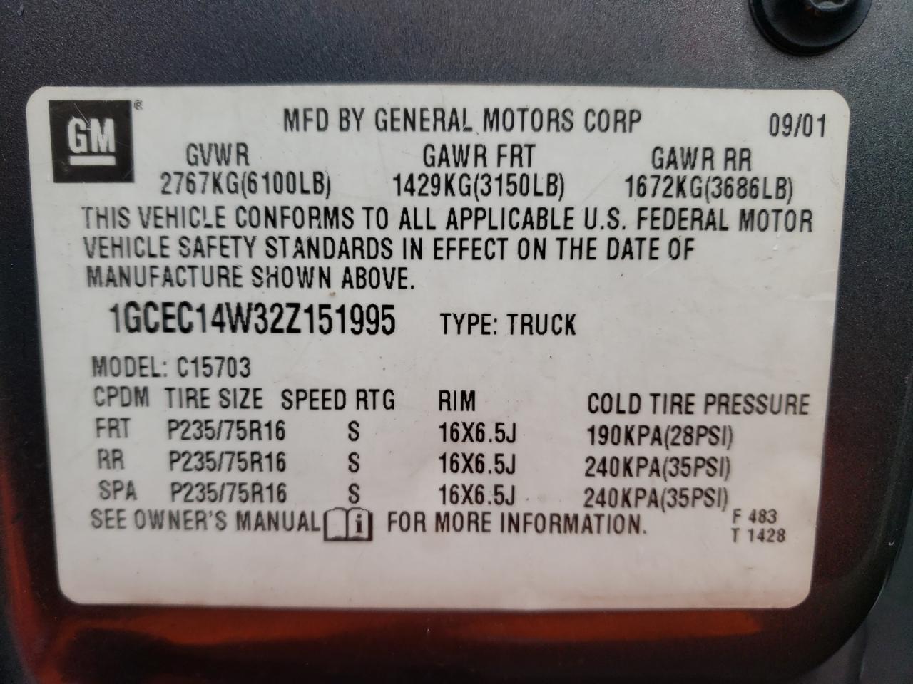Photo 10 from auction – 2002 CHEVROLET SILVERADO with VIN 1GCEC14W32Z151995